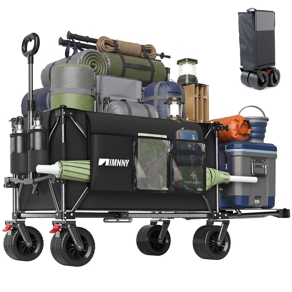 300L Beach Wagon with 58' Expandable Tailgate, 500lbs Heavy Duty Beach Cart with 7' All-Terrain Wheels, Collapsible Folding Wagon with Side Pocket for Outdoor, Black