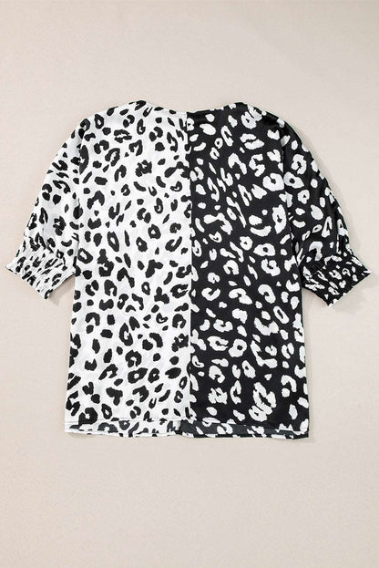 Black Plus Size Contrast Leopard Half Sleeve Blouse