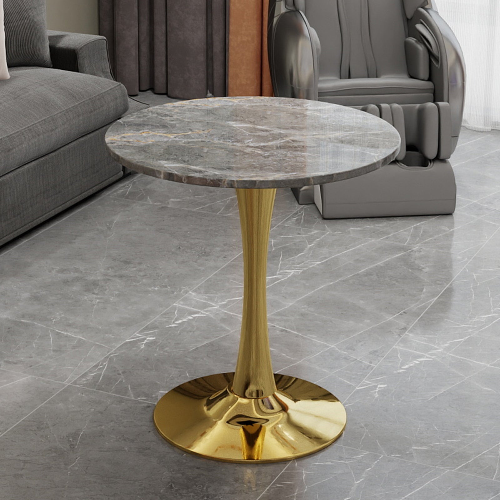 27.6-inch gold coffee table, mid-century modern style dining table, accommodates 2-4 people, featuring a round dark gray textured marble tabletop, suitable for various settings.