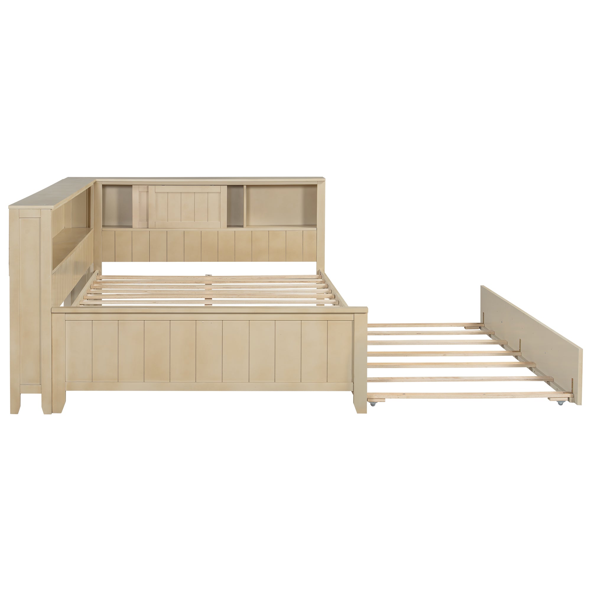 Antique White Milk Farmhouse-Style Full Size Wood Daybed with Storage Shelves and Trundle, Solid Pine Wood+MDF