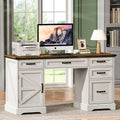58' Farmhouse Executive Desk Modern Computer Desk with Drawers and File Cabinet Wooden Office Desk for Home Office Workspace with Storage for Working, Studying, Writing (Antique White)