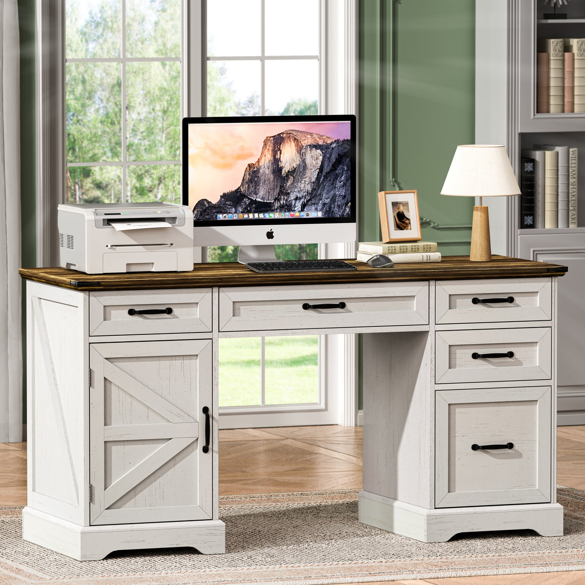 58' Farmhouse Executive Desk Modern Computer Desk with Drawers and File Cabinet Wooden Office Desk for Home Office Workspace with Storage for Working, Studying, Writing (Antique White)