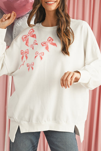 White Sequin Bowknot High Low Oversize Sweatshirt