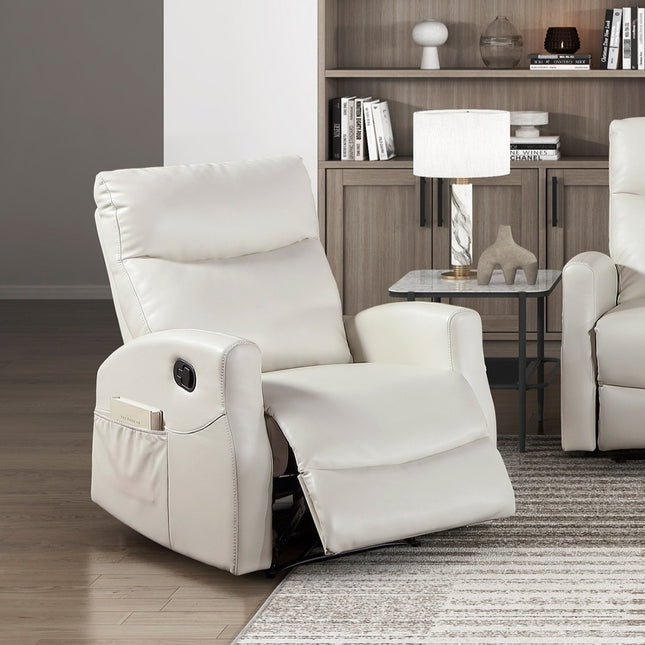 Contemporary Beige Reclining Chair with Side Pocket 1pc Faux Leather Upholstery Plywood Living Room Furniture