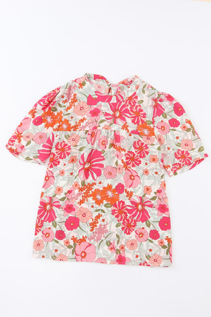 Purple Floral Print Crew Neck Short Sleeve Blouse - Eloy Royal