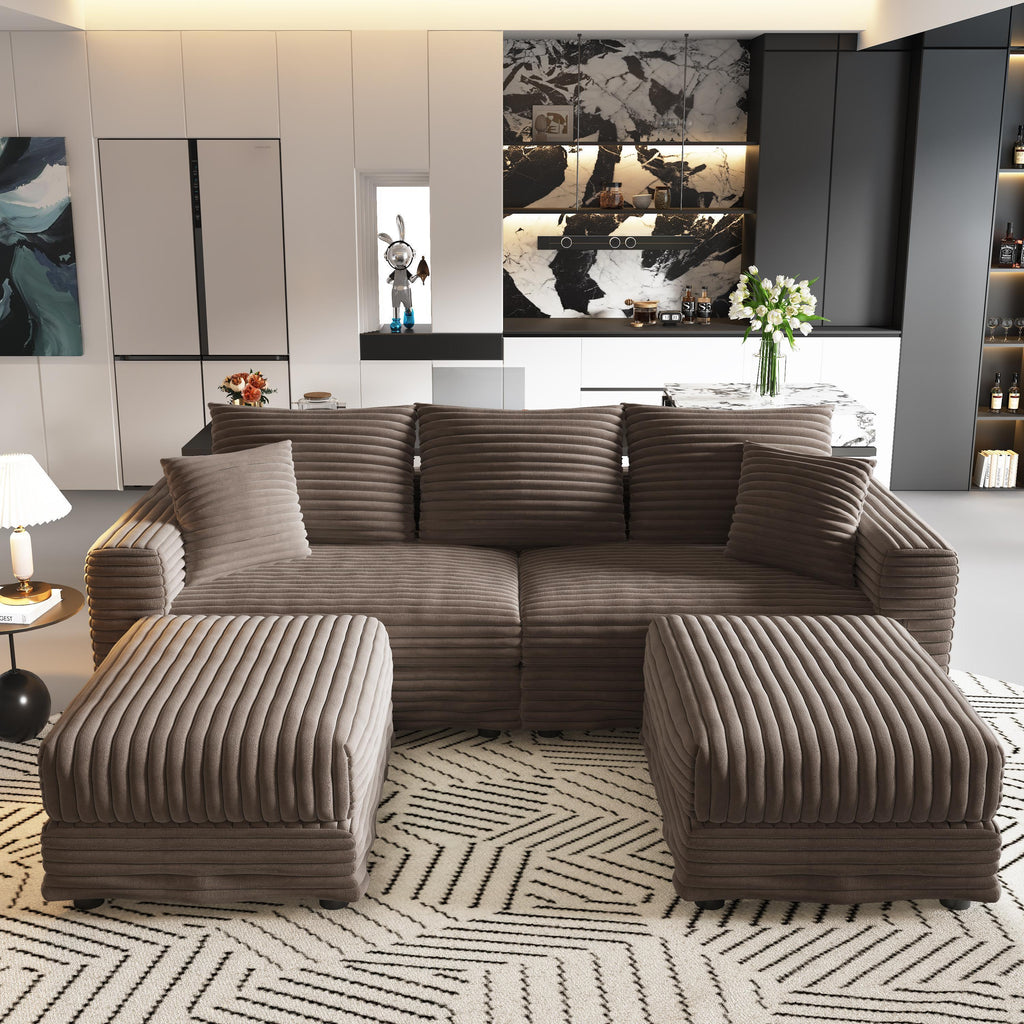 82.7 'Plush Corduroy 3-Seat Sofa,Modern Comfy Upholstered Sofa Cloud Couch,Deep Seat Couches with Soft Pillows and 2 Ottomans,Convertible Sofa Lounge Chair,for Living Room,Apartment,Camel - Eloy Royal