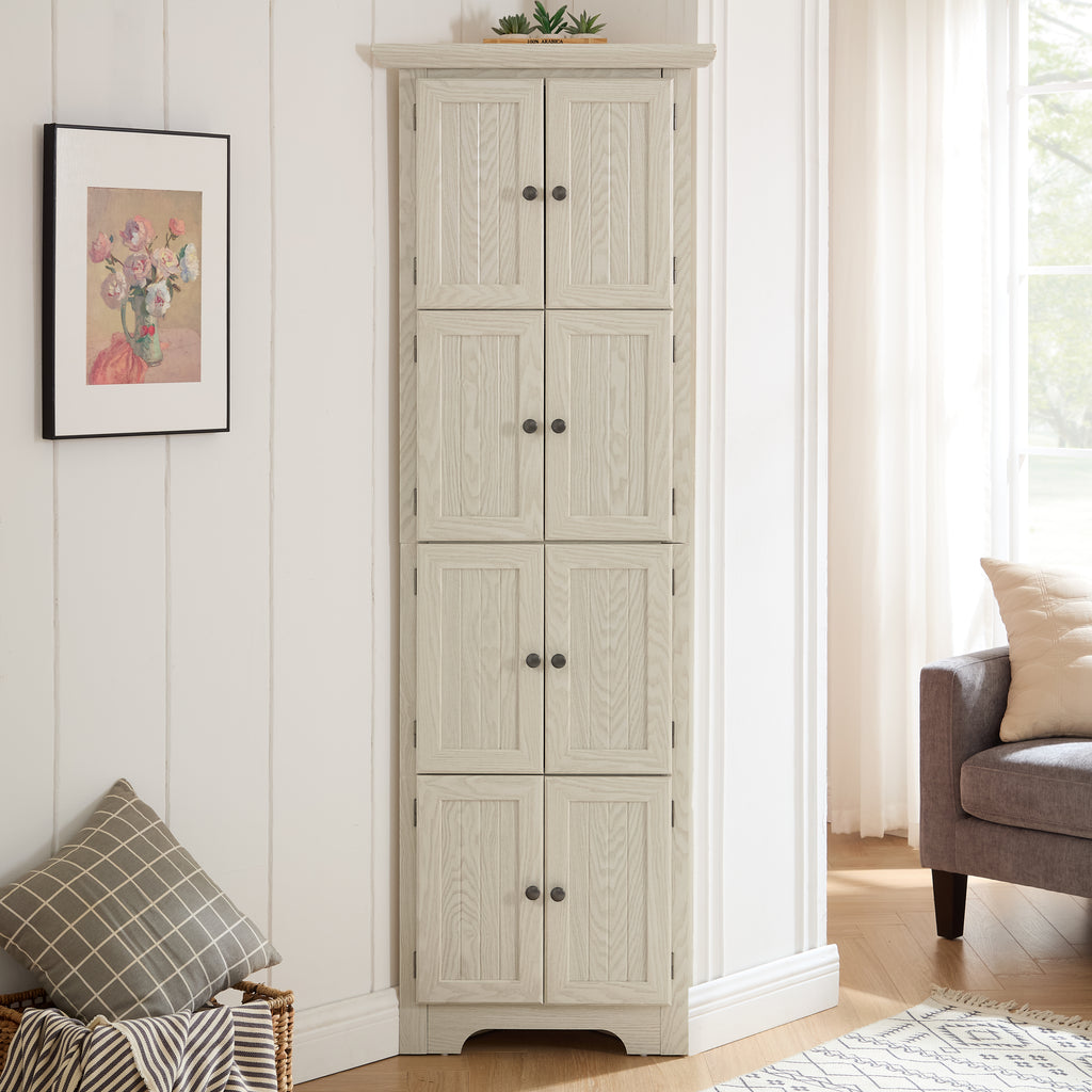 4-Tier 72' Corner Kitchen Pantry Storage Cabinet with 8 Doors Tall Storage Cabinet, Corner Cabinet and Shelves, Home farmhouse bookshelf Cabinet for Bathroom, Living room, Kitchen WHI
