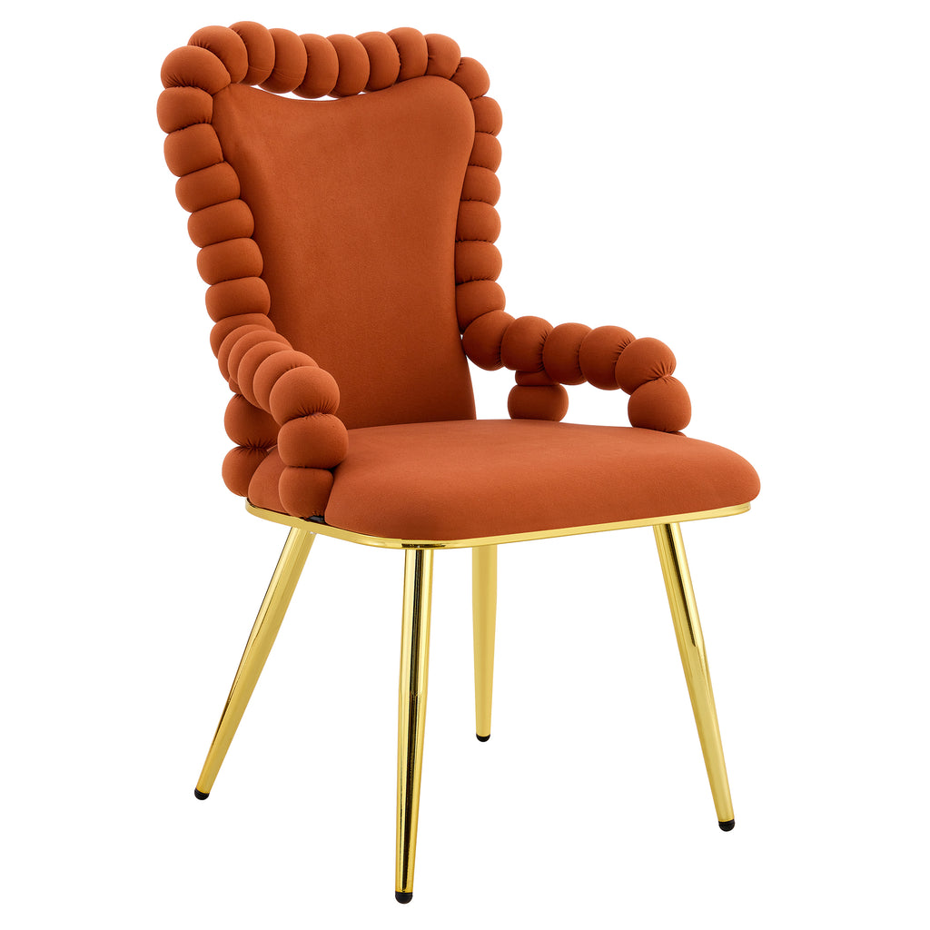 Set of 2 Brown Puffy Bubble Chair Ball Chain Chair Velvet Dining Chairs with Gold Legs, Upholstered Accent Chairs with Armrests for Dining Room, Kitchen