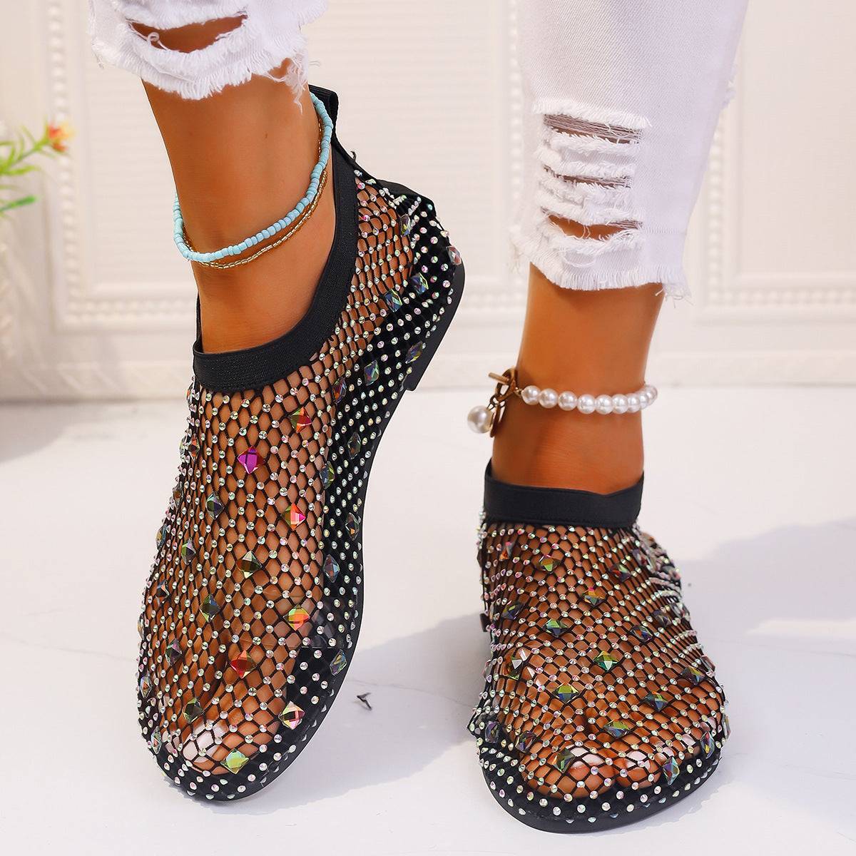 Fashion Mesh Flat Sandals With Colorful Rhinestone Design Summer New Round Toe Beach Shoes For Women - Eloy Royal