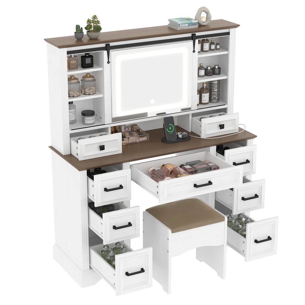 47.2' Farmhouse Makeup Vanity Desk with Sliding Mirror, Large Vanity Set with LED Lights, Dressing Table with Storage Stool and 9 Drawers, Ample Storage, White and Brown - Eloy Royal