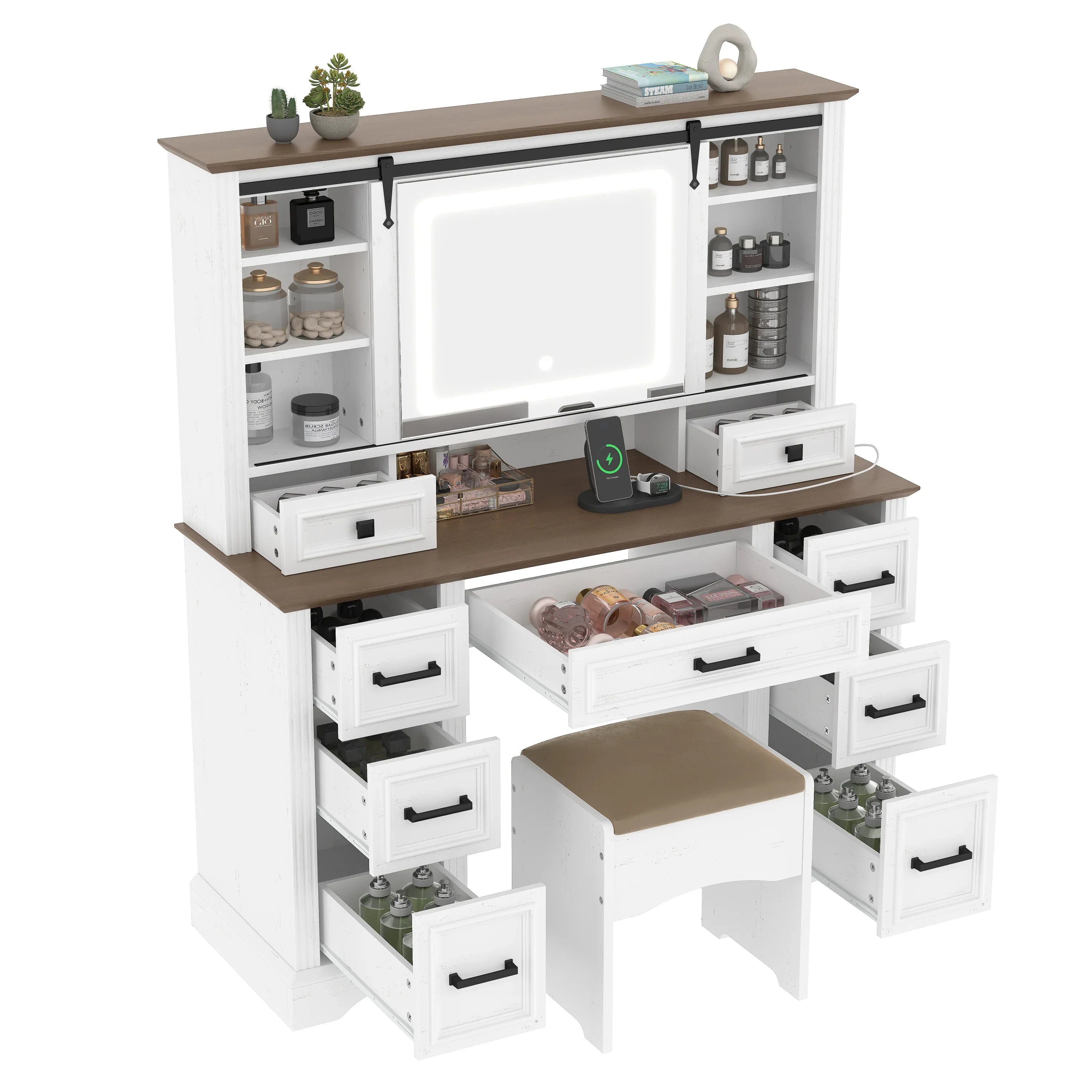 47.2' Farmhouse Makeup Vanity Desk with Sliding Mirror, Large Vanity Set with LED Lights, Dressing Table with Storage Stool and 9 Drawers, Ample Storage, White and Brown - Eloy Royal