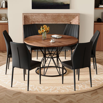 Table and Chair Set.A walnut MDF table with a diameter of 47.3 inches,black hourglass shaped metal brackets. Paired with 6 Black PU Dining Chairs, 37 inches High, Ergonomic PU Backrest.