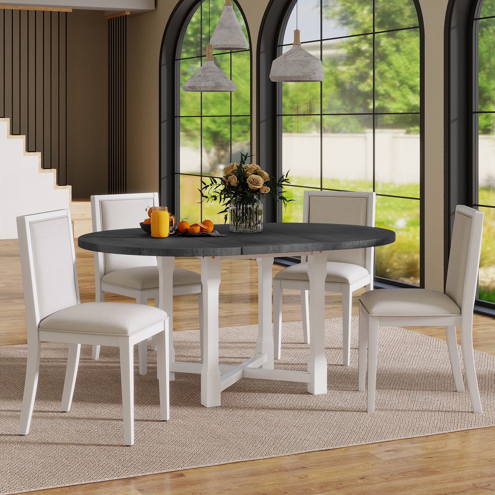 TREXM 5-Piece Extendable Dining Table Set for 4, Round Dining Table for 4 with Upholstered Chairs, Farmhouse Kitchen Table Set with Removable Leaf for Dining Room and Kitchen (Grey+White)