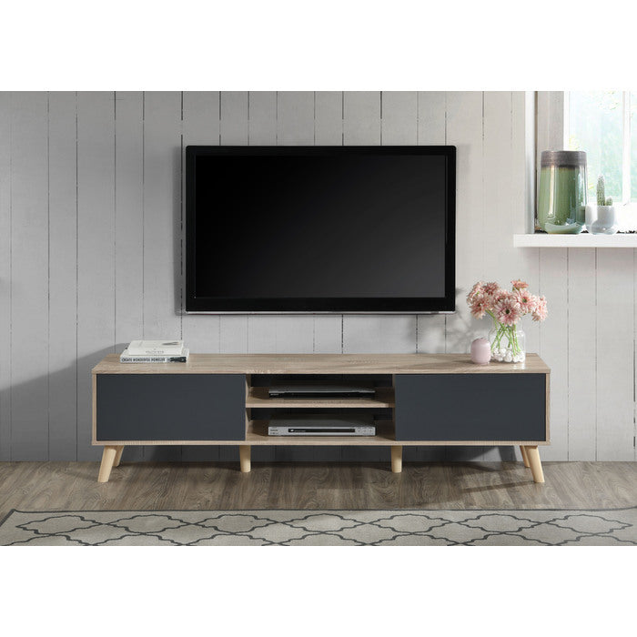Contemporary 71 in Faux Wood TV Stand Media Console for TVs up to 70'-80', 2 Shelves and 2 Cabinet Entertainment Unit, Natural/Gray