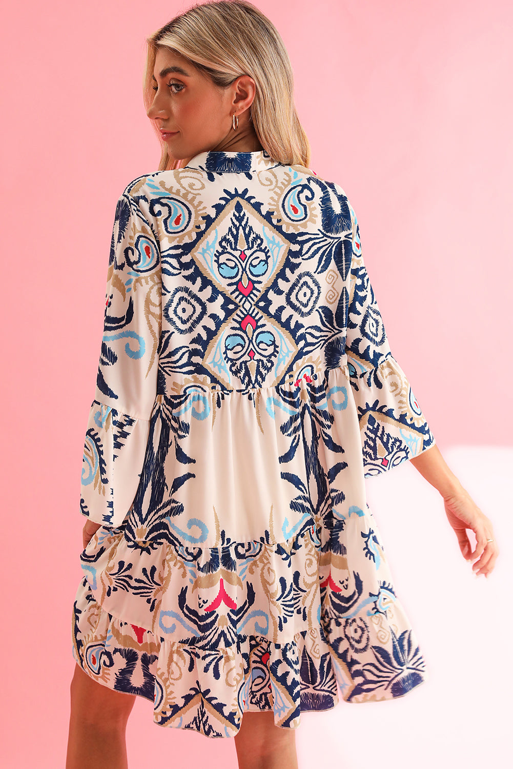 White Ethnic Print Boho Button Tiered Mini Dress - Eloy Royal