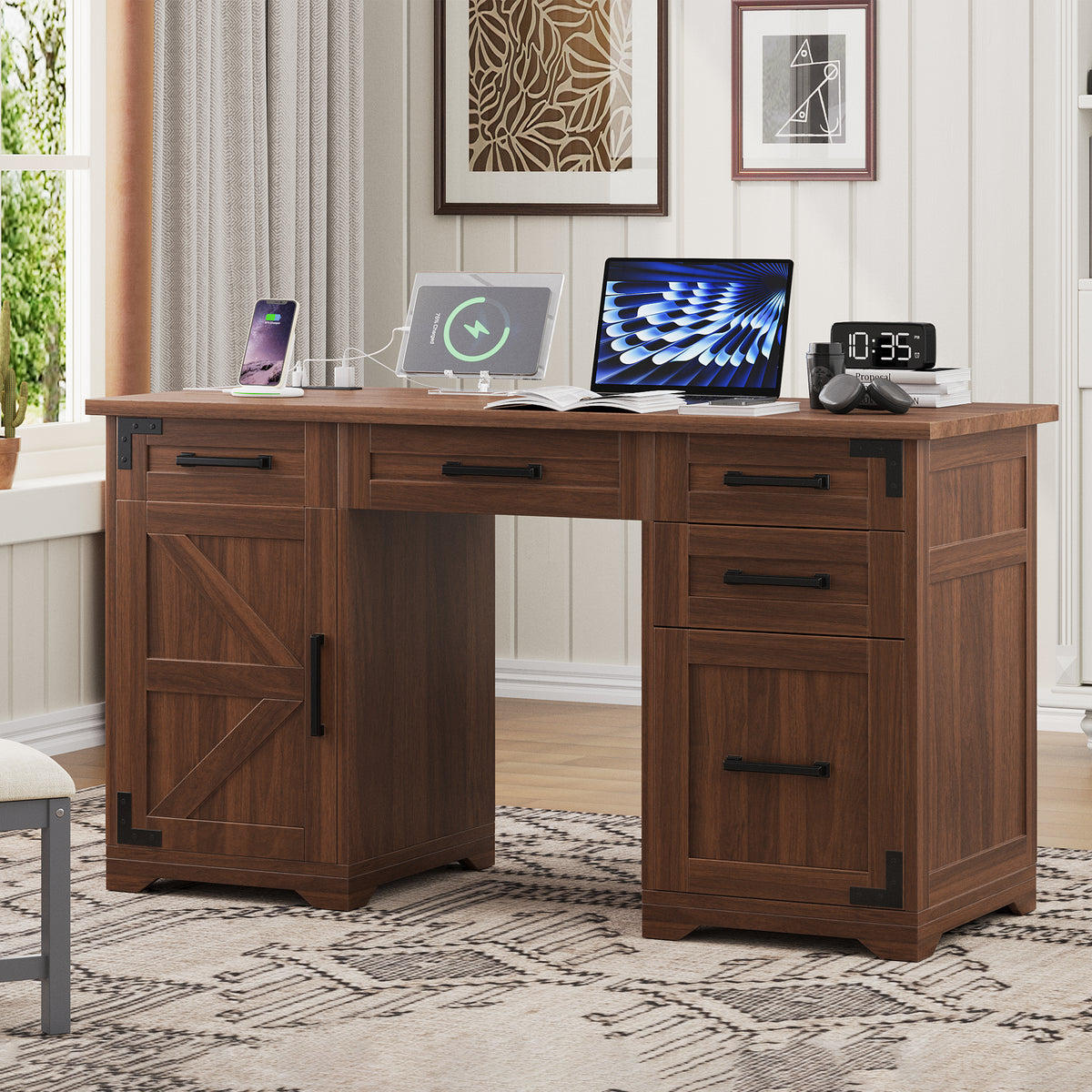 55' Farmhouse Executive Desk with Charging Station & Power Outlet, Home Office Computer Desk with 5 Drawers and Cabinet, Rustic Wood Writing Study Table with File Drawer, Walnut