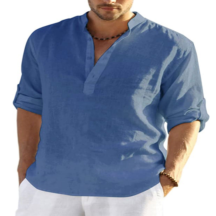 Men's Casual Cotton Linen Solid Color Long Sleeve Shirt Loose Stand Collar - Eloy Royal