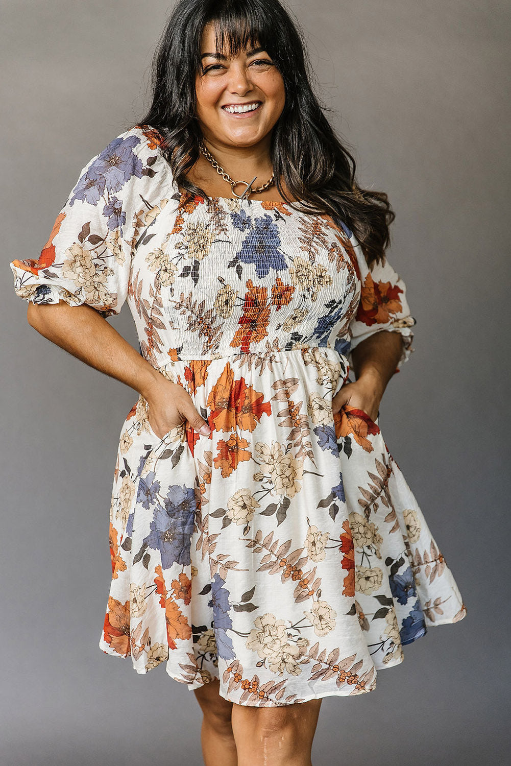 White Floral Smocked Flared Plus Size Dress - Eloy Royal