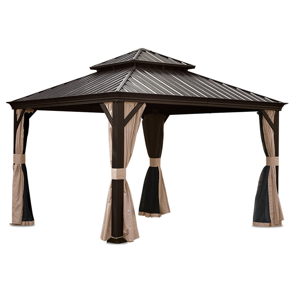 13x13FT Outdoor Gazebo, Hardtop Gazebo with Galvanized Steel Double Roof, Metal Gazebos with Drainage System Patio Pergola for Patio Deck Backyard,Curtain and Netting,Brown