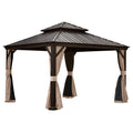 13x13FT Outdoor Gazebo, Hardtop Gazebo with Galvanized Steel Double Roof, Metal Gazebos with Drainage System Patio Pergola for Patio Deck Backyard,Curtain and Netting,Brown