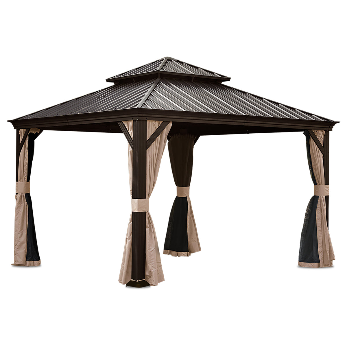 13x13FT Outdoor Gazebo, Hardtop Gazebo with Galvanized Steel Double Roof, Metal Gazebos with Drainage System Patio Pergola for Patio Deck Backyard,Curtain and Netting,Brown