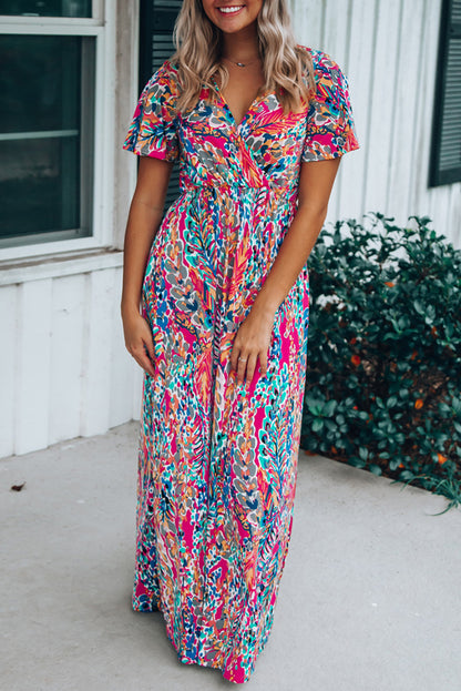 Wholesale Rose Boho Abstract Print V Neck Short Sleeve Maxi Wrap Dress - Eloy Royal