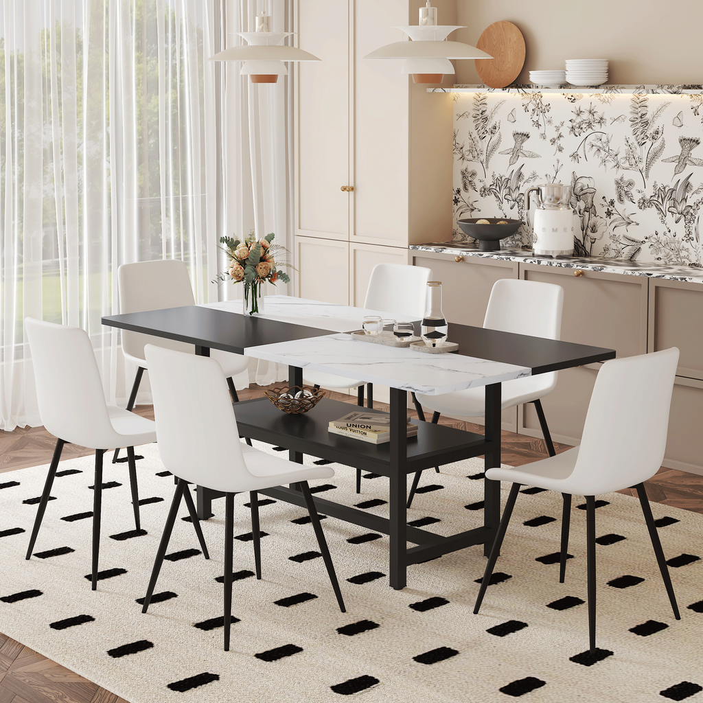 Table and chair set.71*35.4 inch White And Black Spliced Dining Table With Storage Function In The Middle Of The Table Legs.Paired With 6 White Artificial PU Chairs With Curved Widened Cushion Design.