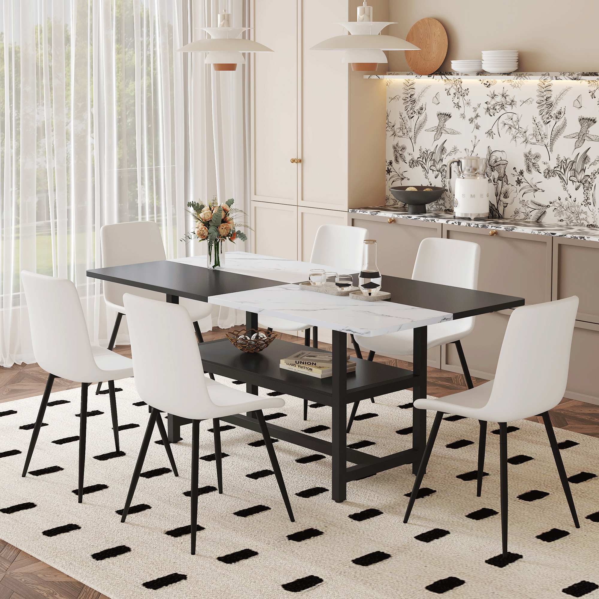 Table and chair set.71*35.4 inch White And Black Spliced Dining Table With Storage Function In The Middle Of The Table Legs.Paired With 6 White Artificial PU Chairs With Curved Widened Cushion Design.