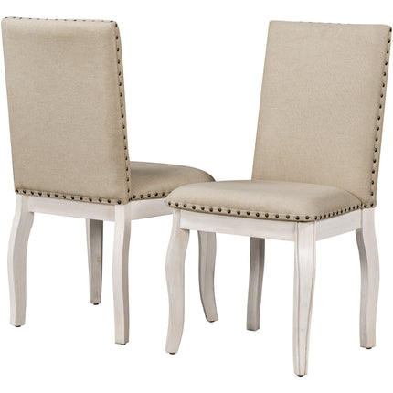 TREXM Set of 2 Dining chairs Wood Upholstered Fabirc Dining Room Chairs with Nailhead(Oak Natural Wood + Antique White)