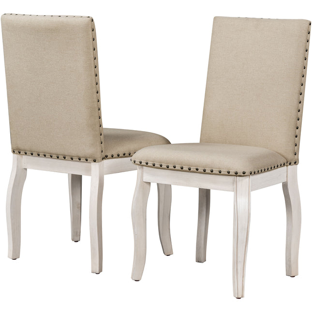 TREXM Set of 2 Dining chairs Wood Upholstered Fabirc Dining Room Chairs with Nailhead(Oak Natural Wood + Antique White)