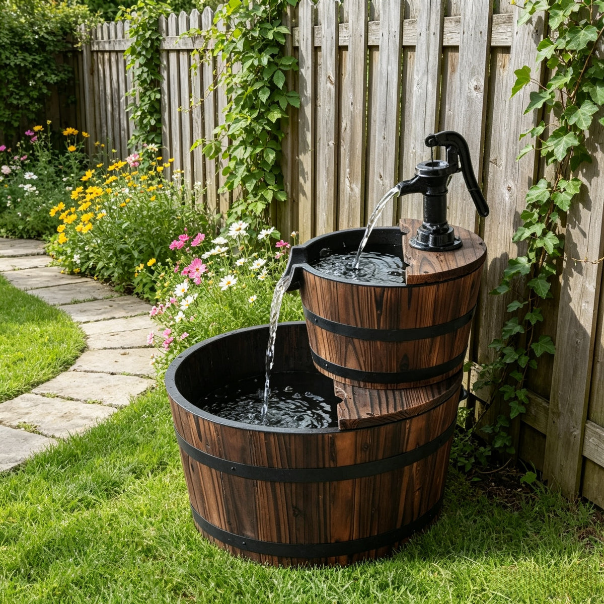 Garden Waterfall Fountain,Rustic Barrel-Style Cascade Fountain,Elegant Tiered Fountain