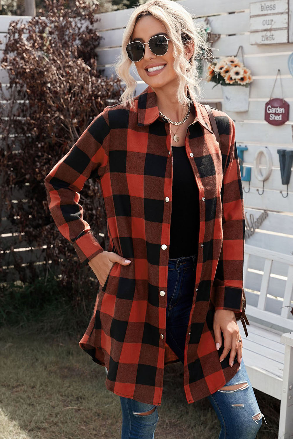 Wholesale Brown & Black Plaid Collared Botton Down Long Shirt Shacket - Eloy Royal