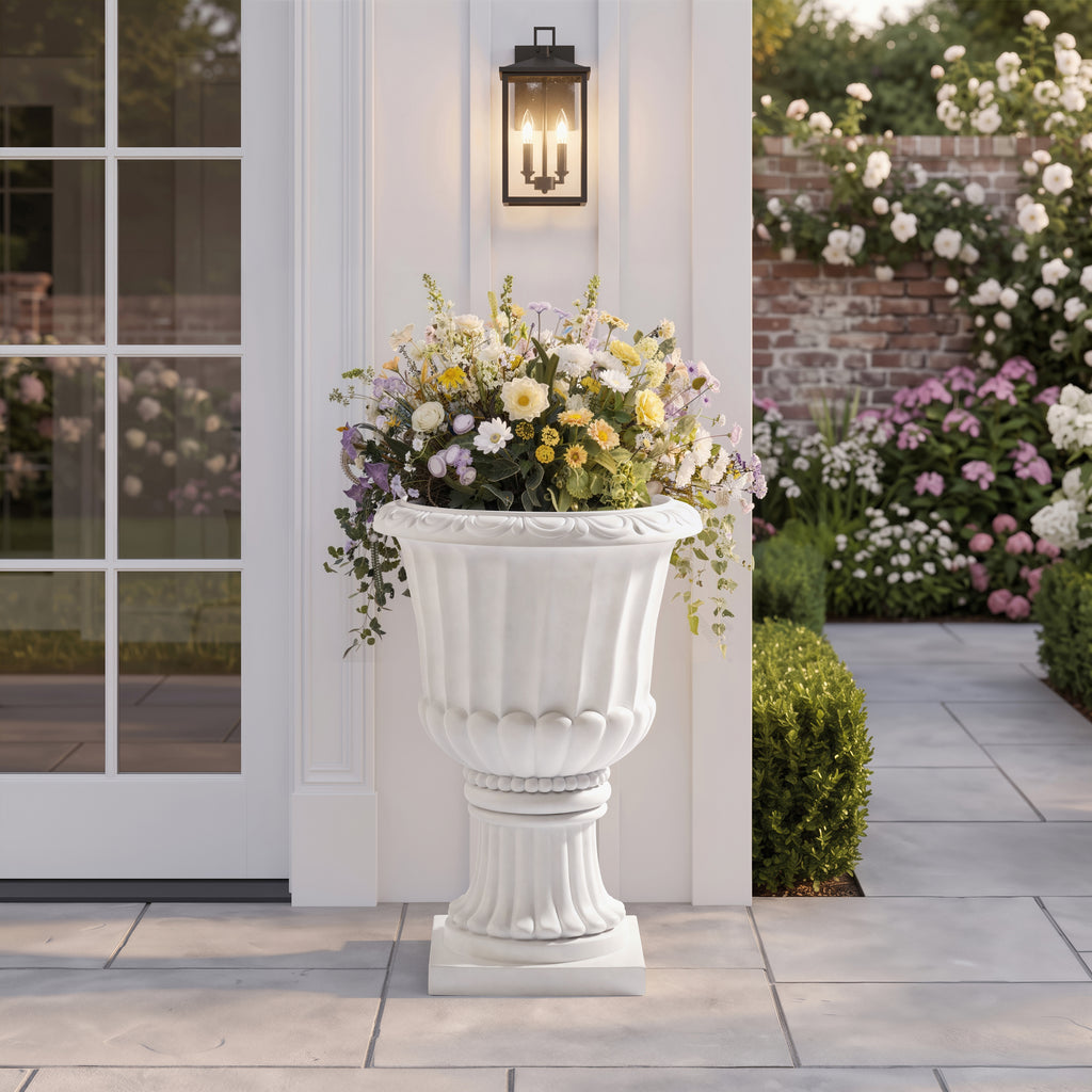 Classic European Pedestal Urn Decorative Large‑Capacity Outdoor Garden Planter for Patio Courtyard Entryway-White