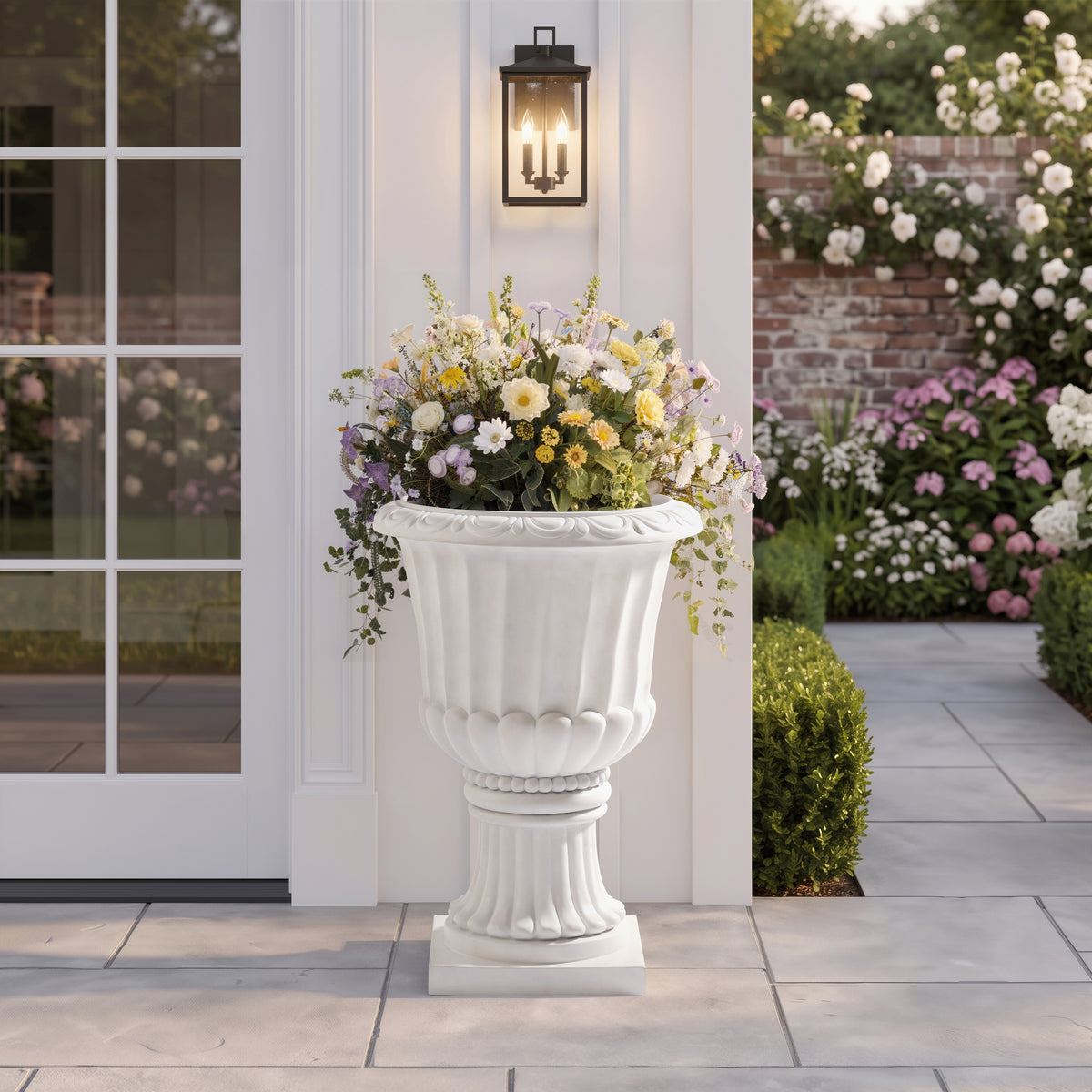 Classic European Pedestal Urn Decorative Large‑Capacity Outdoor Garden Planter for Patio Courtyard Entryway-White