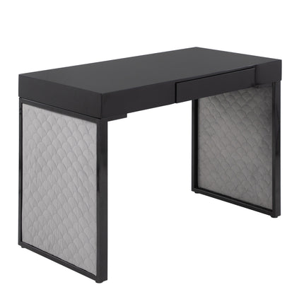 Upholstered Desk in Black Steel, Black Wood and Silver Velvet
