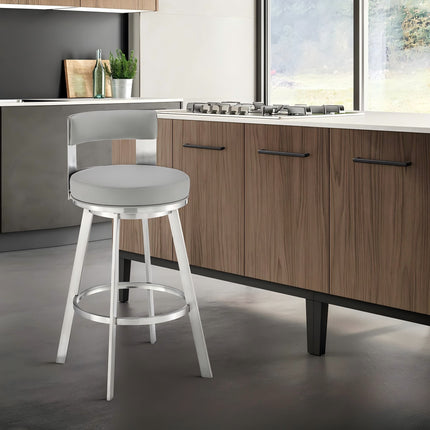 Nylun 26' Swivel Counter Stool in Brushed Stainless Steel with Light Gray Faux Leather