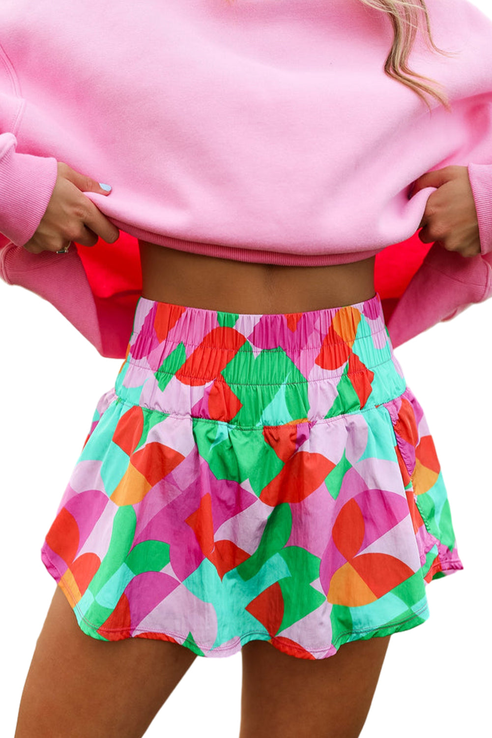 Green Abstract Print Smocked Waist Flared Shorts - Eloy Royal