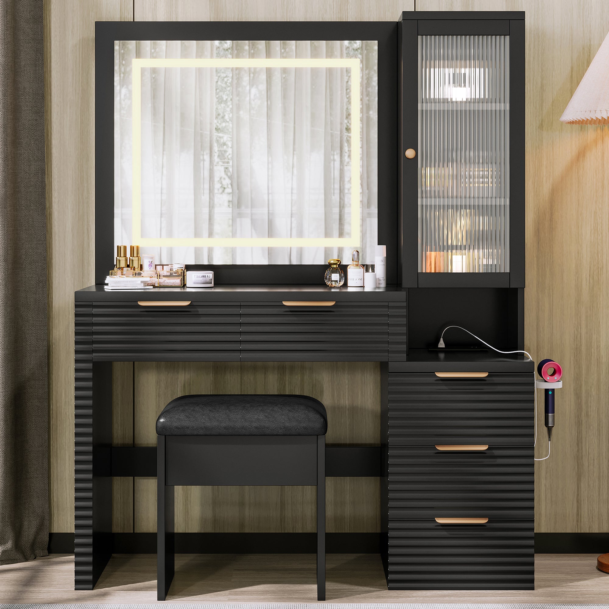 43.5' Vanity Desk with Mirror and Lights, Fluted Makeup Vanity with Charging Station, 5 Drawers and a Glass Door Cabinet, Dressing Table set with Hairdryer Holder and Storage Stool for Bedroom, Black
