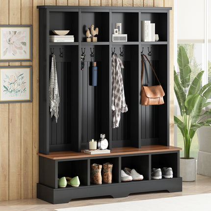 Farmhouse Hall Tree with 8 Hooks with 76.7 in H Modern 3-in-1