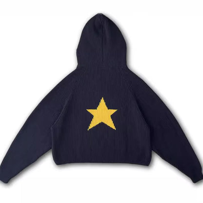 Female Star Sunken Stripe Men's Knitted Long-sleeved Hooded Sweater