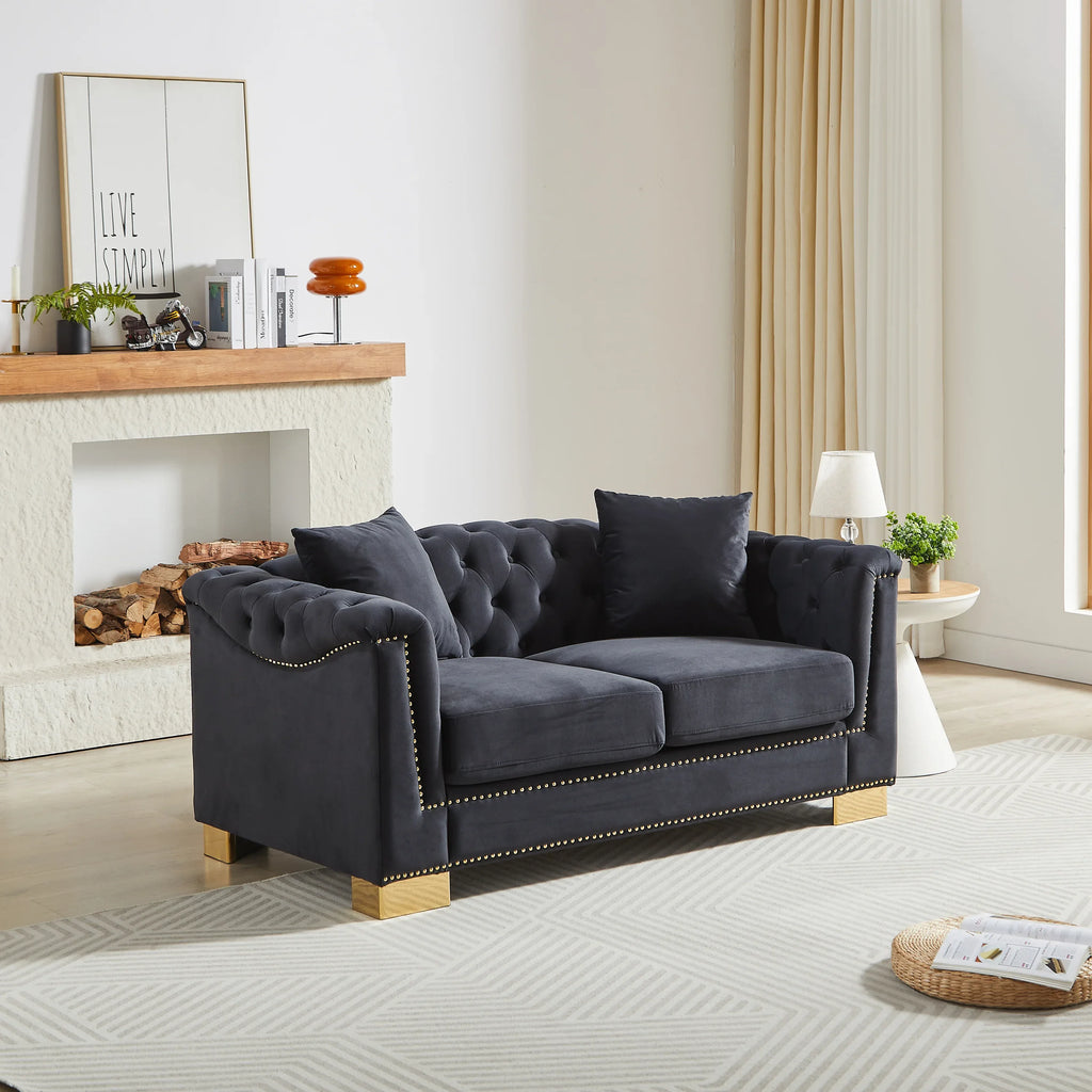 {Video] Classic Modern Style Sofa, 62-inch Chesterfield Classic Rolled Arm Tucked-in Nailhead Decor Cloud Two-Seater Velvet Sofa, Luxury Double Sofa Suitable for Living Room, Bedroom, Apartment, - Eloy Royal