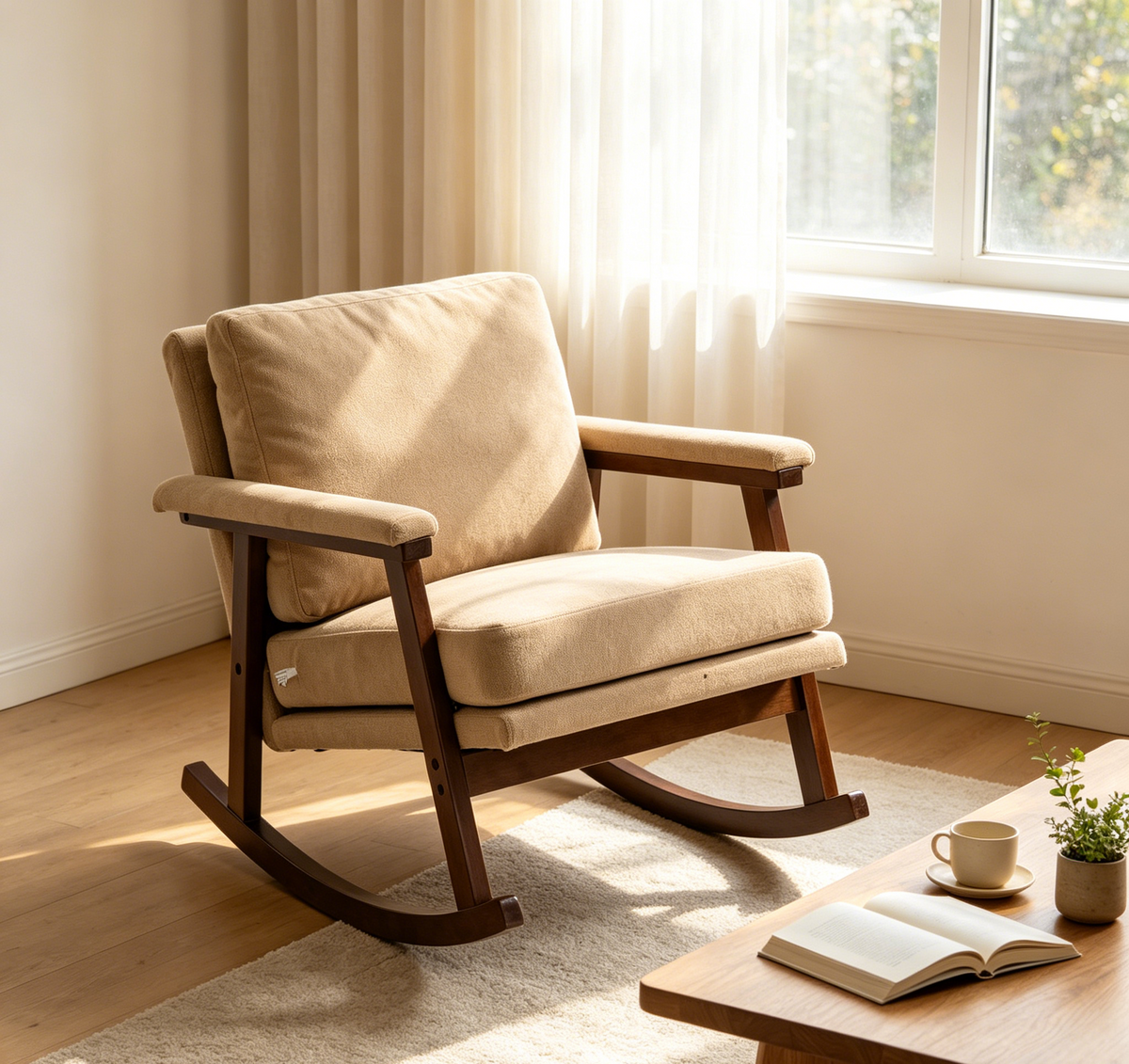 Mid Century Modern Accent Chair ,rocking chair with Solid Wood Frame, Upholstered Living Room Chairs , Reading Armchair for Bedroom Sunroom