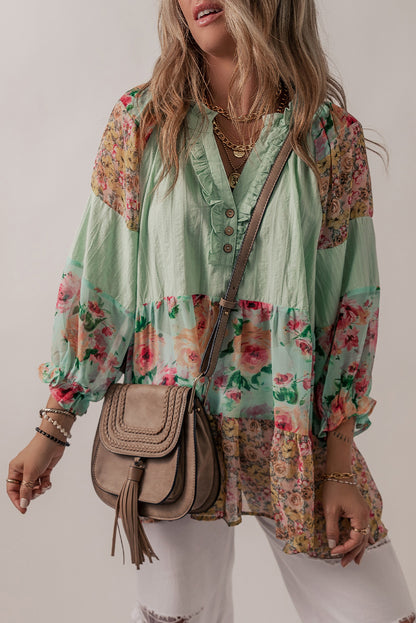 Green Floral Patchwork Frilled Split Neck Blouse - Eloy Royal