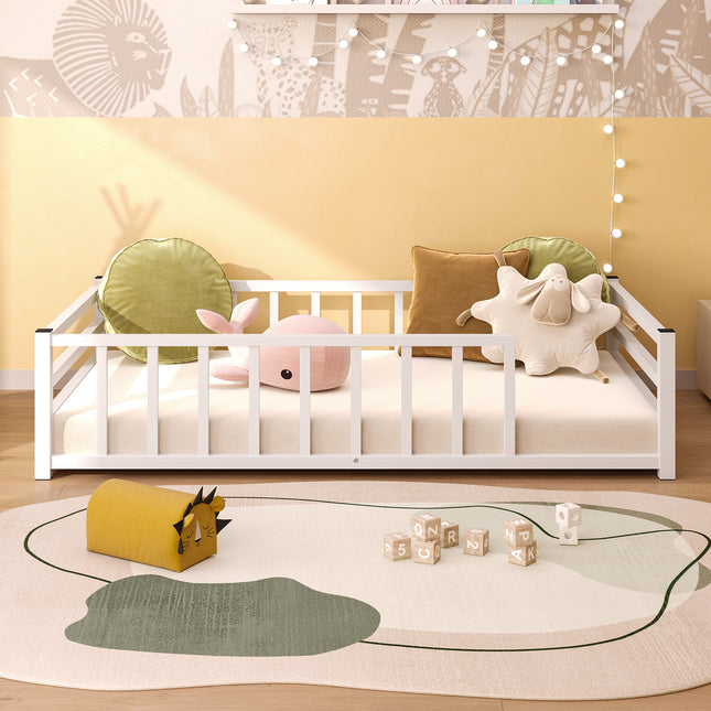 Toddler Floor Bed with Rails and Door, Twin Size Montessori Bed for 2-5 Year Olds, Low Profile Metal Platform for Safe Independent Sleep – Heavy Duty Guardrails, No Box Spring Needed, White