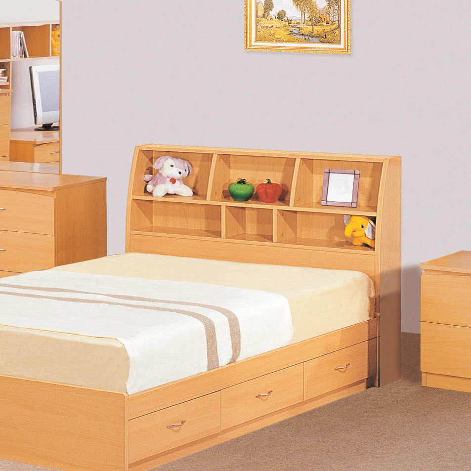 Bookcase headboard Full size free standing with dust panel two shelves with five divided cubbies Beech color