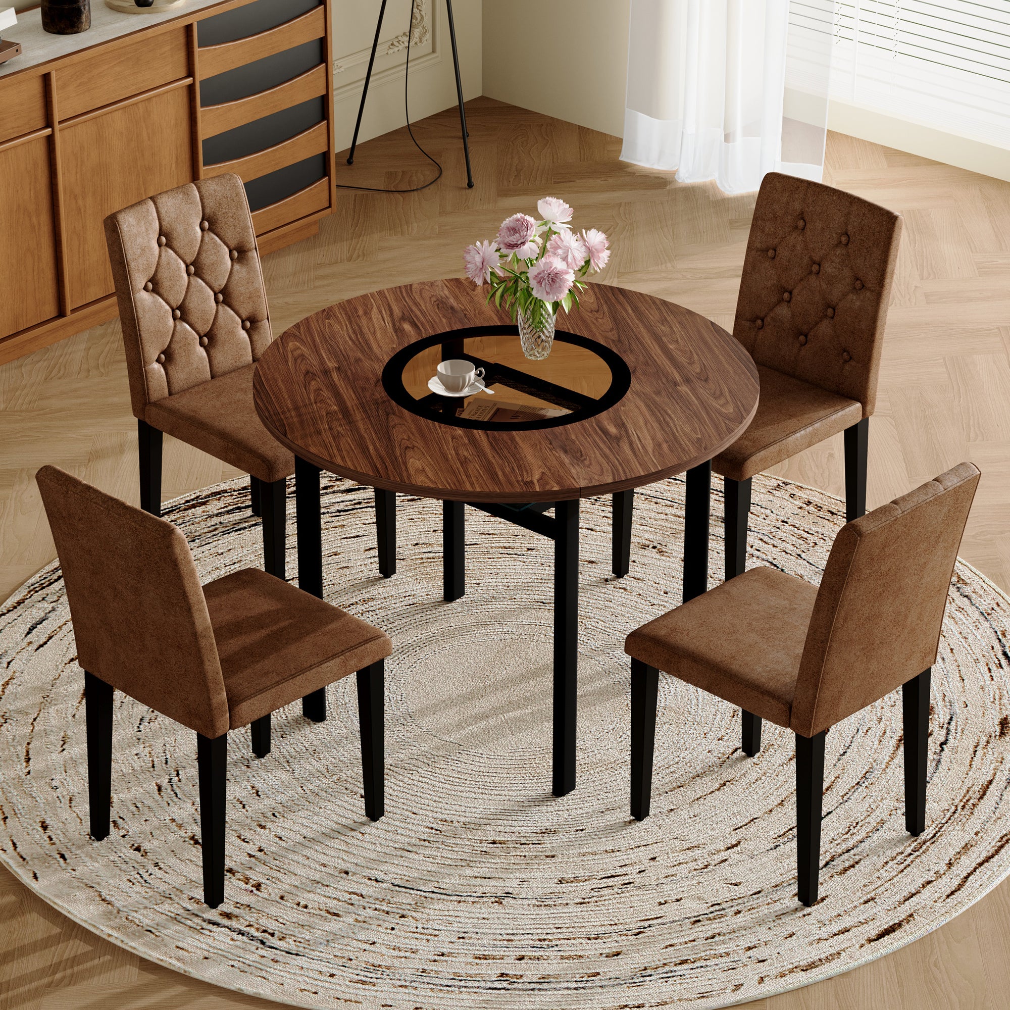 42 inch modern minimalist brown wood grain round dining table set. 4-Pack Brown Suede Fabric Dining Chairs: Features a decorative button-tufted backrest. Suitable for dining rooms,office,etc.