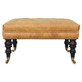 Solid Wood Tan Leather Upholstered Ottoman