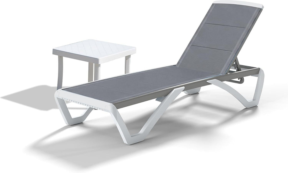 Patio Chaise Lounger Chair Outdoor, Pool Lounge Chair with Table, Grey, Double-Layer Fabric
