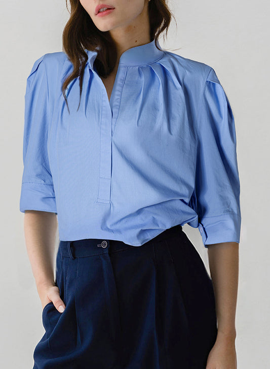 Sky Blue Solid Color Puff Short Sleeve Pleated Blouse - Eloy Royal