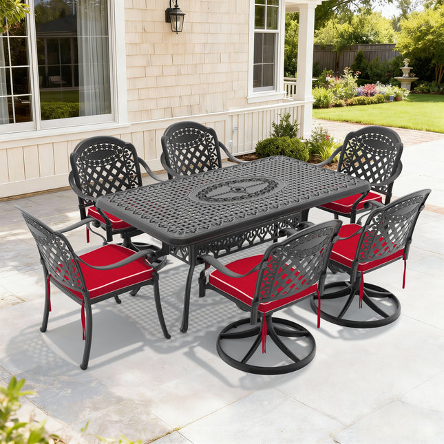 7-Piece All-Weather Cast Aluminum Dining Set, Include 2 Swivel Chairs,4 Dining Chairs and Rectangular Table With Black Frame